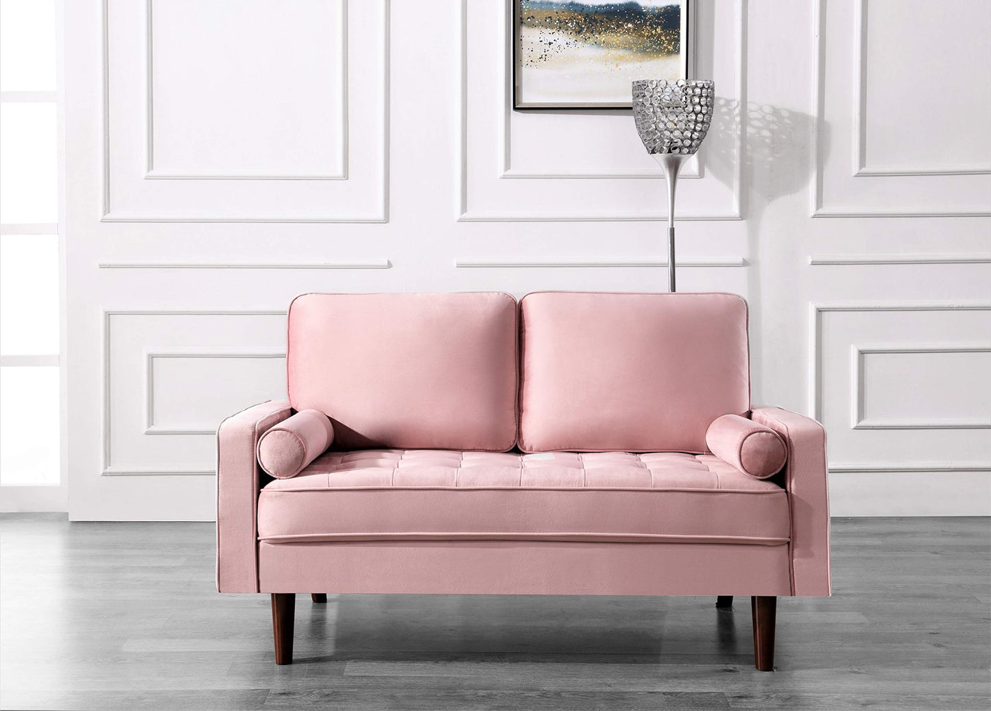 Container Furniture Direct Womble 58 Inch Velvet Loveseat Sofa with Elegant Button Tufted Upholstery, Square Arms, Splayed Wood Legs, Includes Matching Bolster Pillows, Elegant Rose