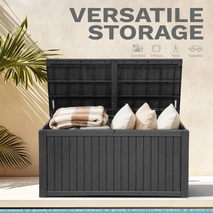 DWVO 220 Gallon Extra-Large Patio Deck Box, Waterproof Resin Outdoor Storage Box with Removable Divider for Patio, Garden, Pool, Furniture and Tools, Black