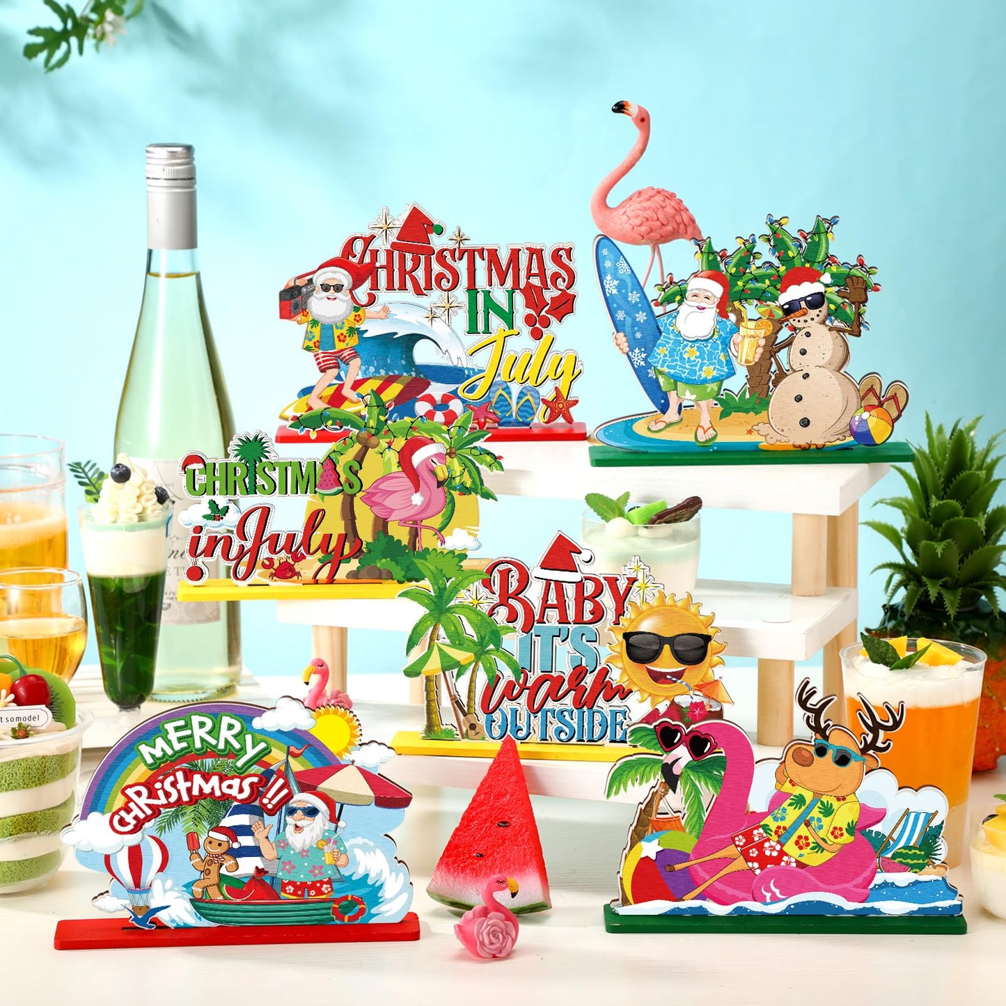 6 Pcs Summer Christmas in July Wooden Table Decoration July Summer Table Centerpiece Sets Decor Christmas Party Supplies Santa Flamingo Palm Tree Beach Party Table Decorations Holiday Xmas Supplies