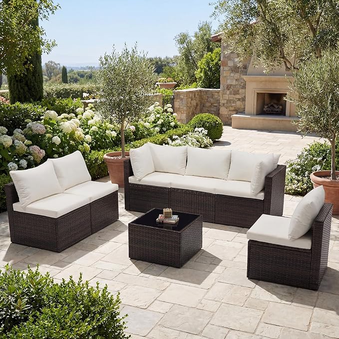 DUMOS 7 Piece Outdoor Patio Sectional Sofa, Modular Wicker Furniture Set