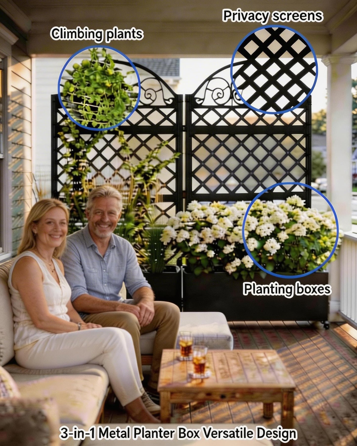 Privacy Planters for Patio, 73" Ornamental Metal Planter Box with Trellis & Locking Wheels, Scrollwork Arch Raised Garden Bed for Climbing Plants Roses Vines, Outdoor Flower Box with Drainage