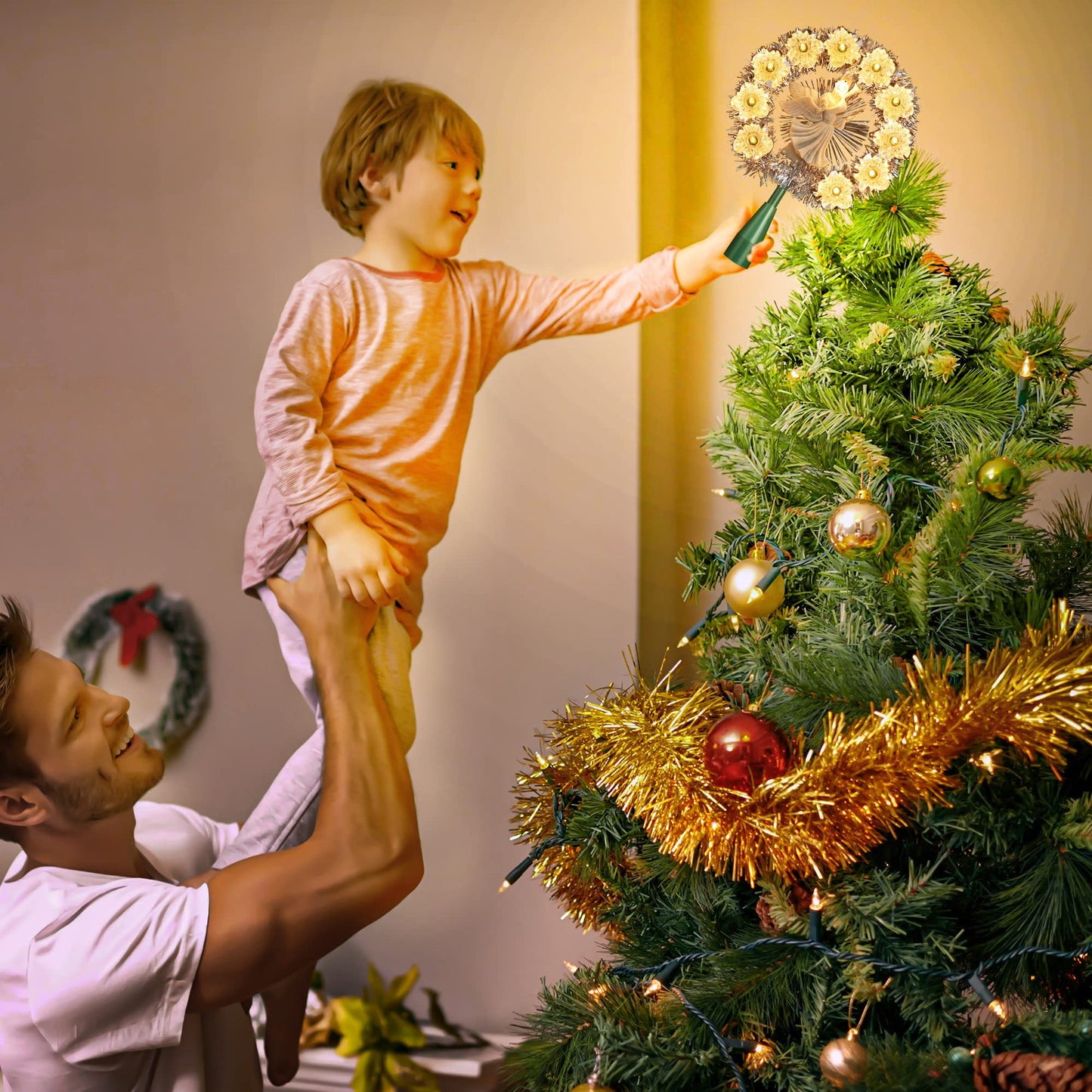 Brizled Christmas Tree Topper, 8" Lighted Angel Tree Topper with 11 Count Lights, Siver Tinsel Wreath Tree Toppers, Warm Lighted Angel Tree Topper with 10 Flowers, Plug in Treetop for Christmas Tree