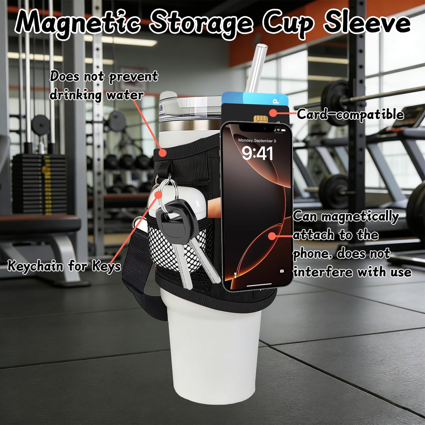 NAIDUNS Magnetic Gym Water Bottle Bag with Strong Magnetic Phone Holder, Pockets for Keys, Cards & Bluetooth Earbuds, Essential for Gym and Golf Cart, Unisex, Water Bottle Not Included