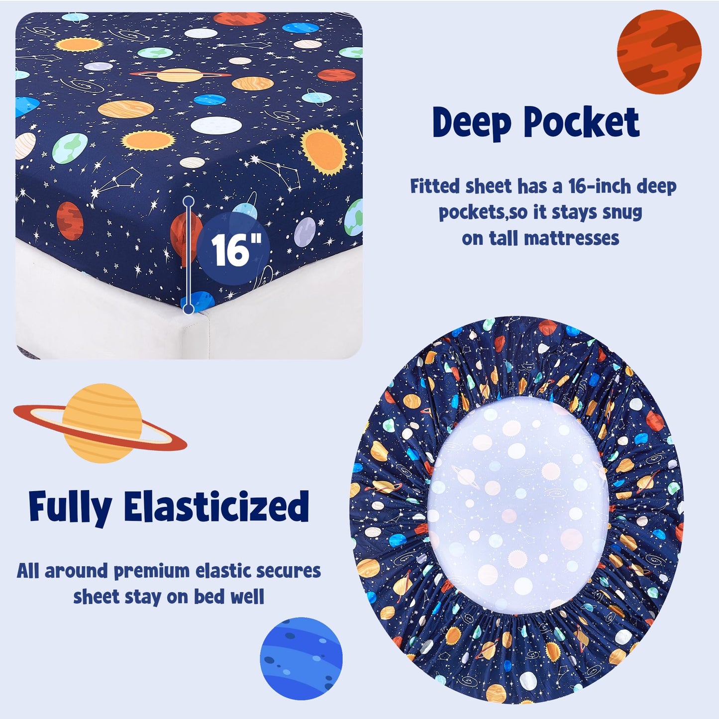 CozySmile Twin Sheet Set Kids,3 Pieces Breathable Soft Microfiber Bedsheets for Child Boys, Oeko-TEX, Anti Pilling Deep Pockets Easy Care Bed Sheets, Planet