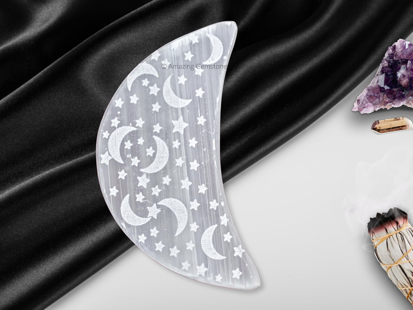 Amazing Gemstone Selenite Crystal Charging Plate for Crystals and Healing Stones, 4" Selenite Crystal Plate Engraved Star and Moon Coaster for Home, Office Table Decor (Selenite Crescent Moon)