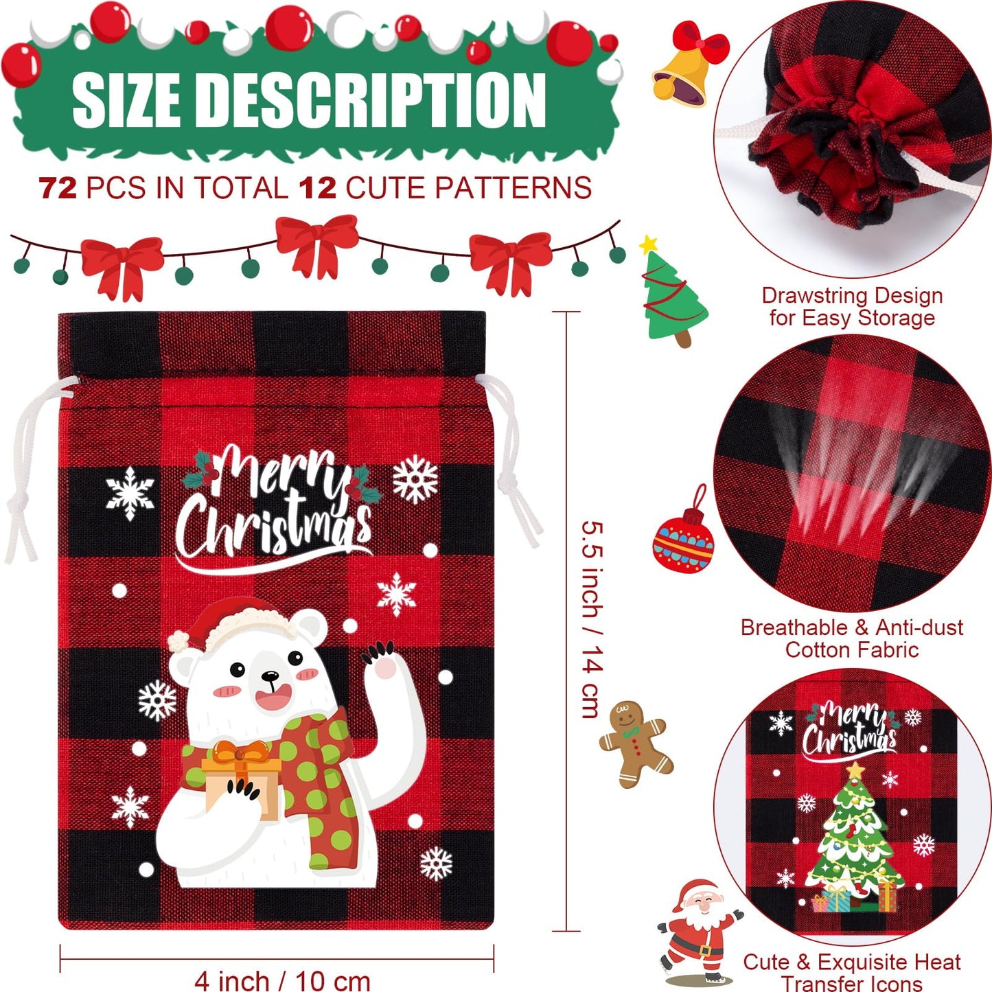 FLOE 36Pcs Burlap Christmas Drawstring Bags Buffalo Plaid Xmas Gift Bags Burlap Xmas Candy Bag Small Christmas Linen Goody Gift Sacks Treat Sacks Reusable Gifts Wrapping Bag Holiday Party Favors