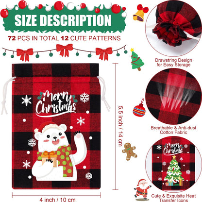 FLOE 36Pcs Burlap Christmas Drawstring Bags Buffalo Plaid Xmas Gift Bags Burlap Xmas Candy Bag Small Christmas Linen Goody Gift Sacks Treat Sacks Reusable Gifts Wrapping Bag Holiday Party Favors
