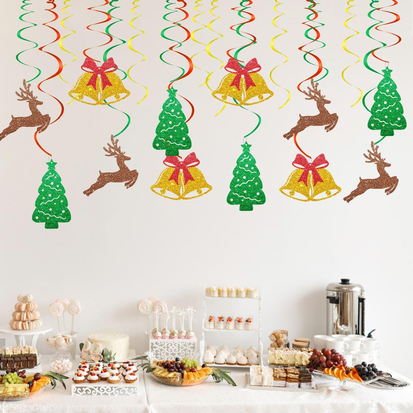 30pcs Christmas Hanging Swirls, Winter Holiday Hanging Decoration, Merry Christmas Reindeer Bells Foil Ceilling Decor, Xmas Party Favors - Gold Glitter