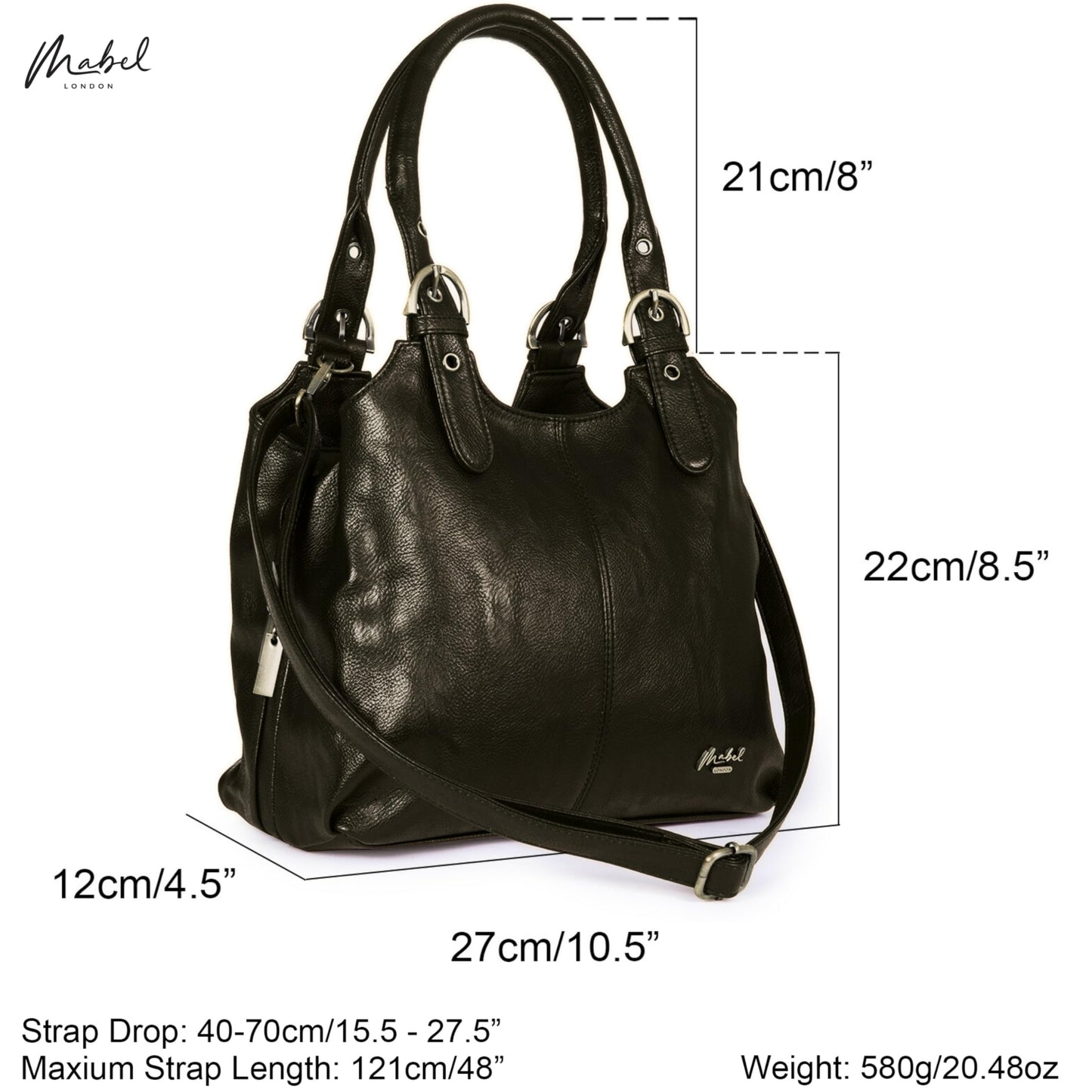 Mabel London Womens Multiple Compartments Handbag - Medium Size Bag with a Long Shoulder Strap - AMELIA (Black)
