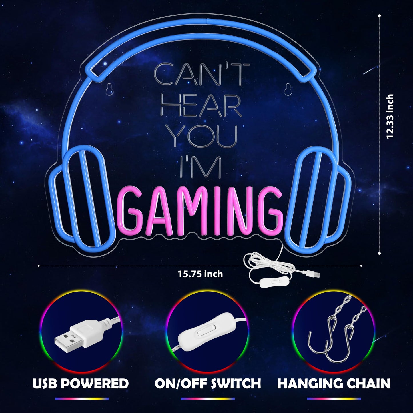 Kavaas Gaming Neon Sign, Can't Hear You I'm Gaming Headset LED Sign for Game Room Wall Decor - Headphone Neon Light Signs - Best Gamer Gifts for Teen Boys, Kids