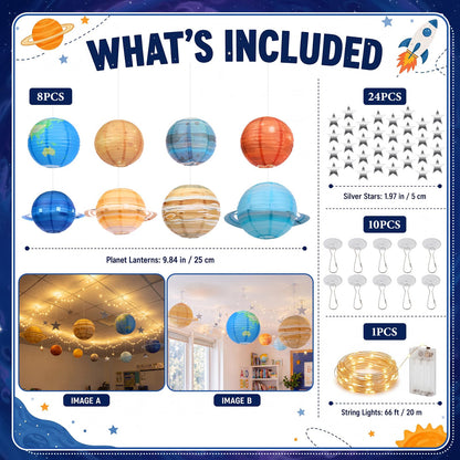 Relaxgiant 53 Pcs Space Ceiling Decoration for Classroom Galaxy Hanging Planet Decor Set with Solar System Lanterns, 66ft String Lights, Silver Stars, Hook for Outer Space Astronaut Birthday VBS Party