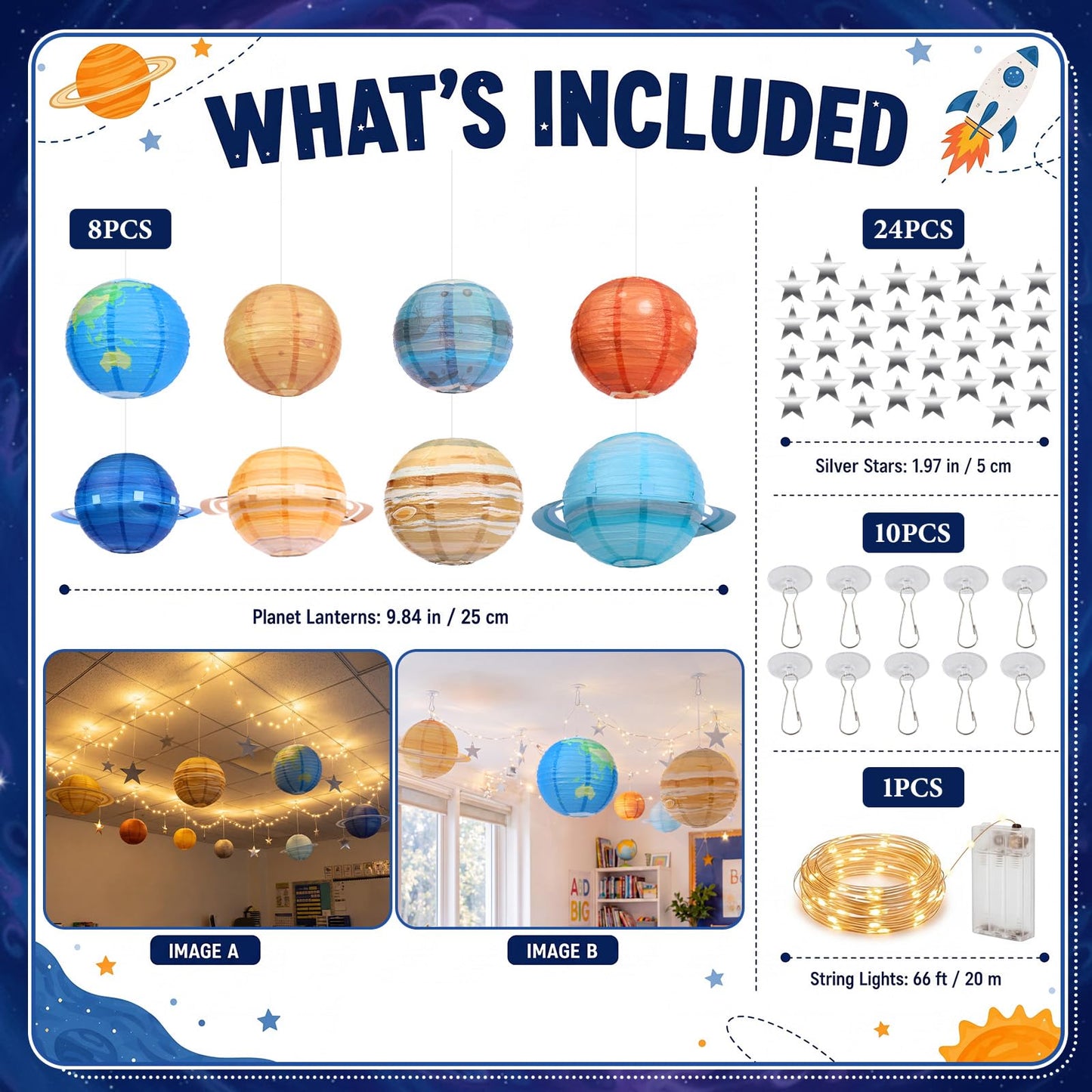 Relaxgiant 53 Pcs Space Ceiling Decoration for Classroom Galaxy Hanging Planet Decor Set with Solar System Lanterns, 66ft String Lights, Silver Stars, Hook for Outer Space Astronaut Birthday VBS Party