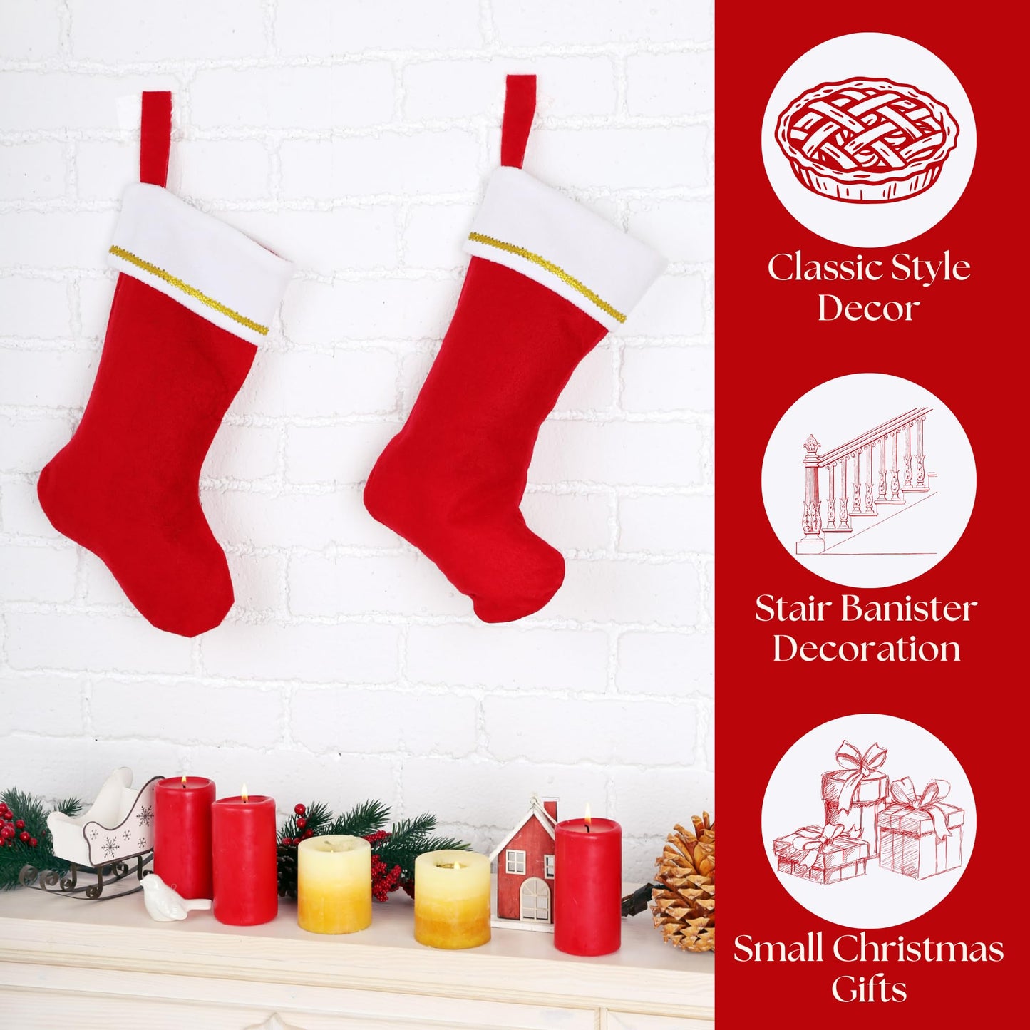 Iconikal 6-Pack Felt Christmas Stocking, White & Red with Gold Trim, 18-Inch Long
