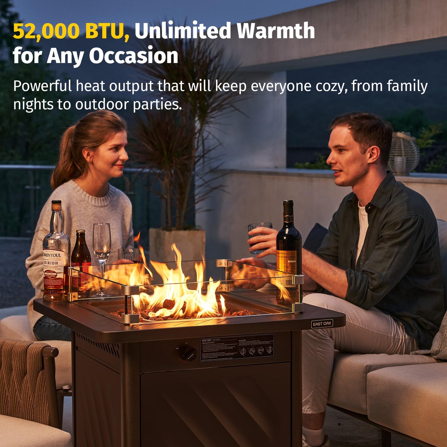 East Oak 28” Outdoor Propane Fire Pit Table | 52,000 BTU Gas Fire Pit for 2-4 People with Space-Saving Hock Lid, Mesh Pocket & Lava Rocks | CSA Certified Safe for Patio, Deck, Backyard, Brown