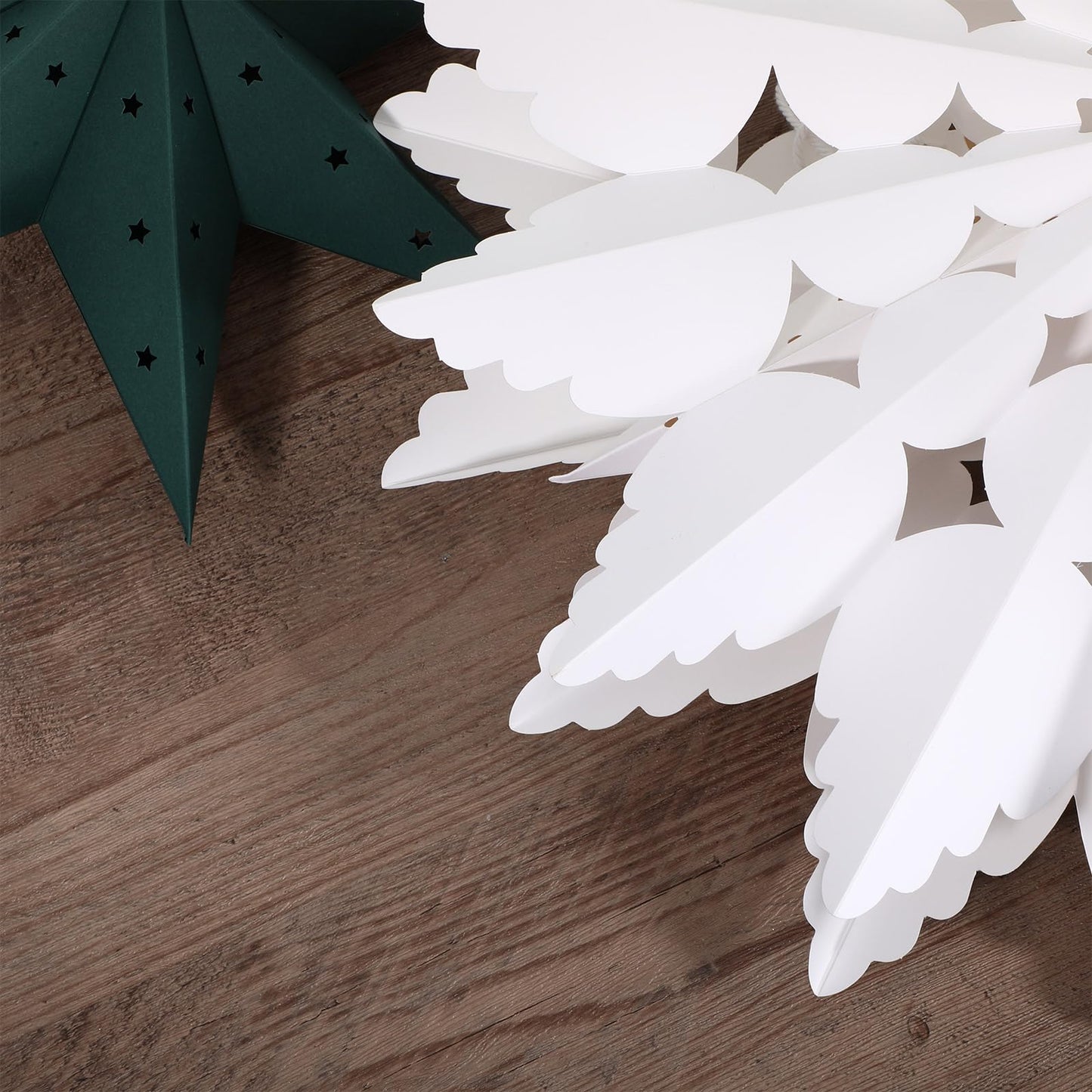 Glooglitter 12 Pcs Paper Star Lantern 3D Christmas Paper Snowflake Lanterns White Hanging Lamp Ornaments for Xmas Tree New Year Holiday Party Decorations (White, Kraft, Green)