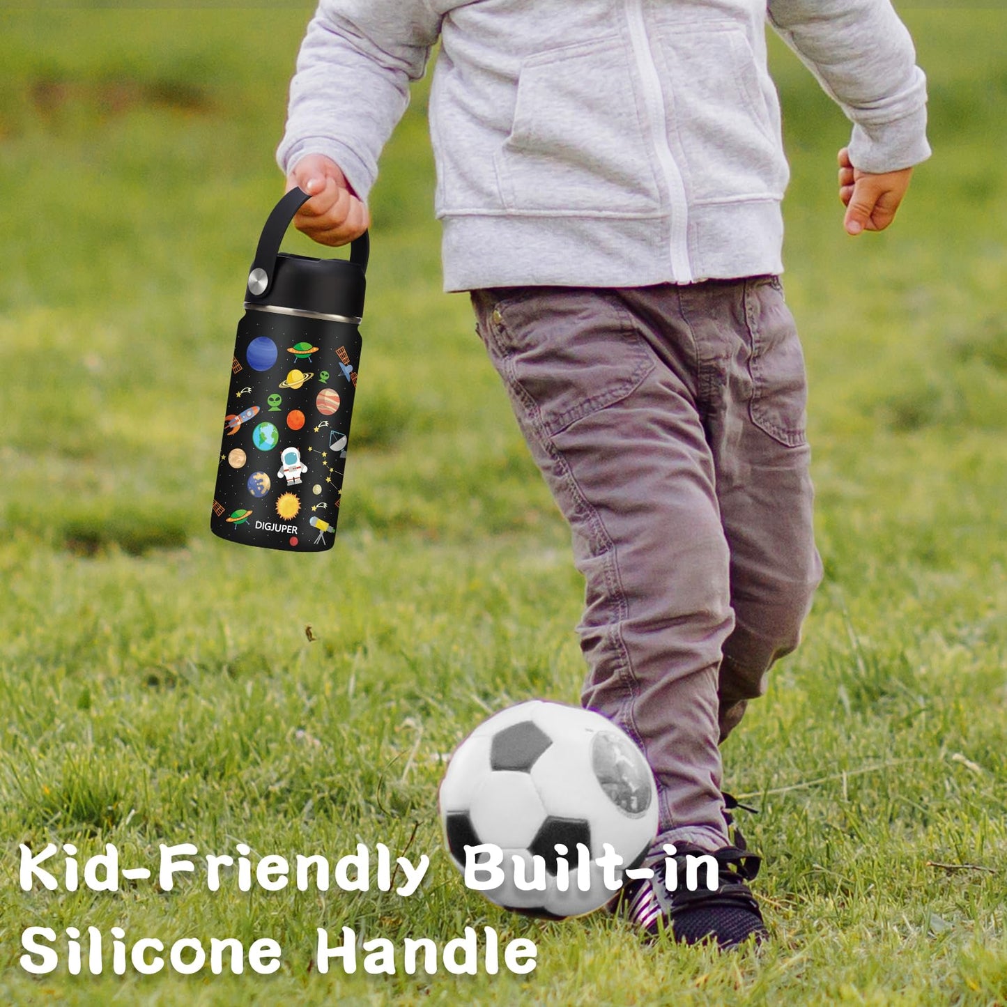 12 oz Kids Insulated Water-Bottle w/Straw - Cold-24h Hot-12h, Toddler Water Bottle Spill-proof & BPA-free, Stainless Steel Water Bottles Kids, Space Insulated Cup for School Camping Boys Girls Gift