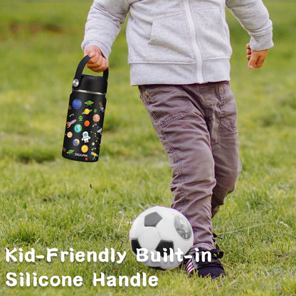 12 oz Kids Insulated Water-Bottle w/Straw - Cold-24h Hot-12h, Toddler Water Bottle Spill-proof & BPA-free, Stainless Steel Water Bottles Kids, Space Insulated Cup for School Camping Boys Girls Gift