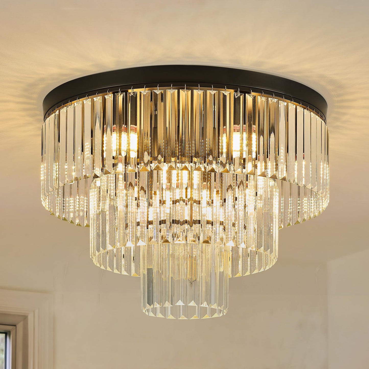Faibra 21.65" Black Crystal Ceiling Light 10-Light Modern Crystal Ceiling Light Fixture 3-Tier Luxury K9 Crystal Ceiling Light,for Dining Room Kitchen Island Living Room Bedroom