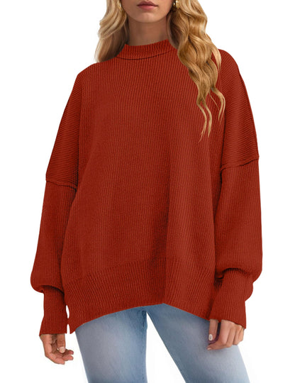 ZESICA Women's Fall 2025 Casual Long Sleeve Crew Neck Side Slit Oversized Ribbed Knit Pullover Sweater Tops