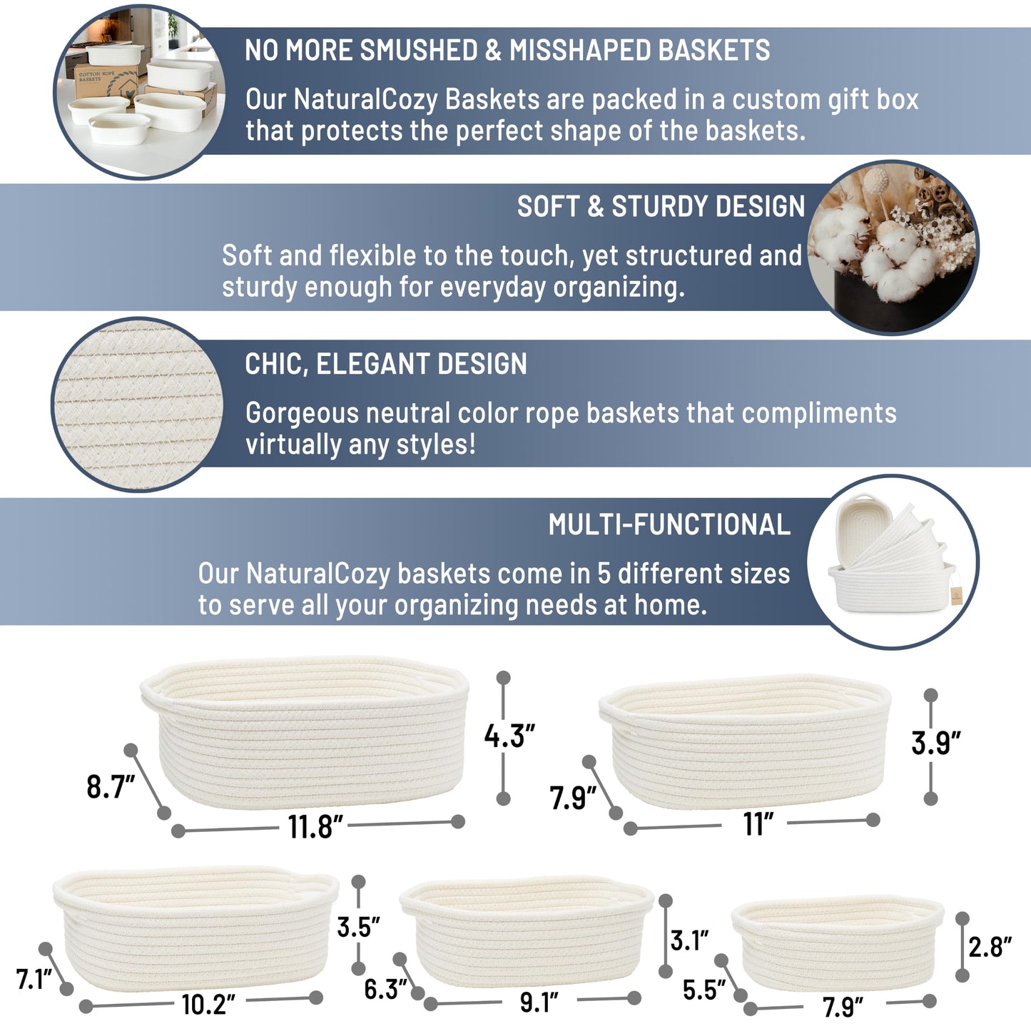 NaturalCozy 5-Piece Rectangle Storage Basket Set- Natural Cotton Rope Woven for Organizing! Small Basket for Montessori, Baby Nursery, Dog Toy Baskets, Cat Toy Box, Bathroom Organization Bin