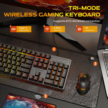Redragon K521KS Wireless Gaming Keyboard, Tri-Mode BT/2.4G/USB-C RGB Mechanical Feeling Keyboard with Multimedia Keys, 4000mAh Battery, Anti-Ghosting, Compatible with PC - Upgrade