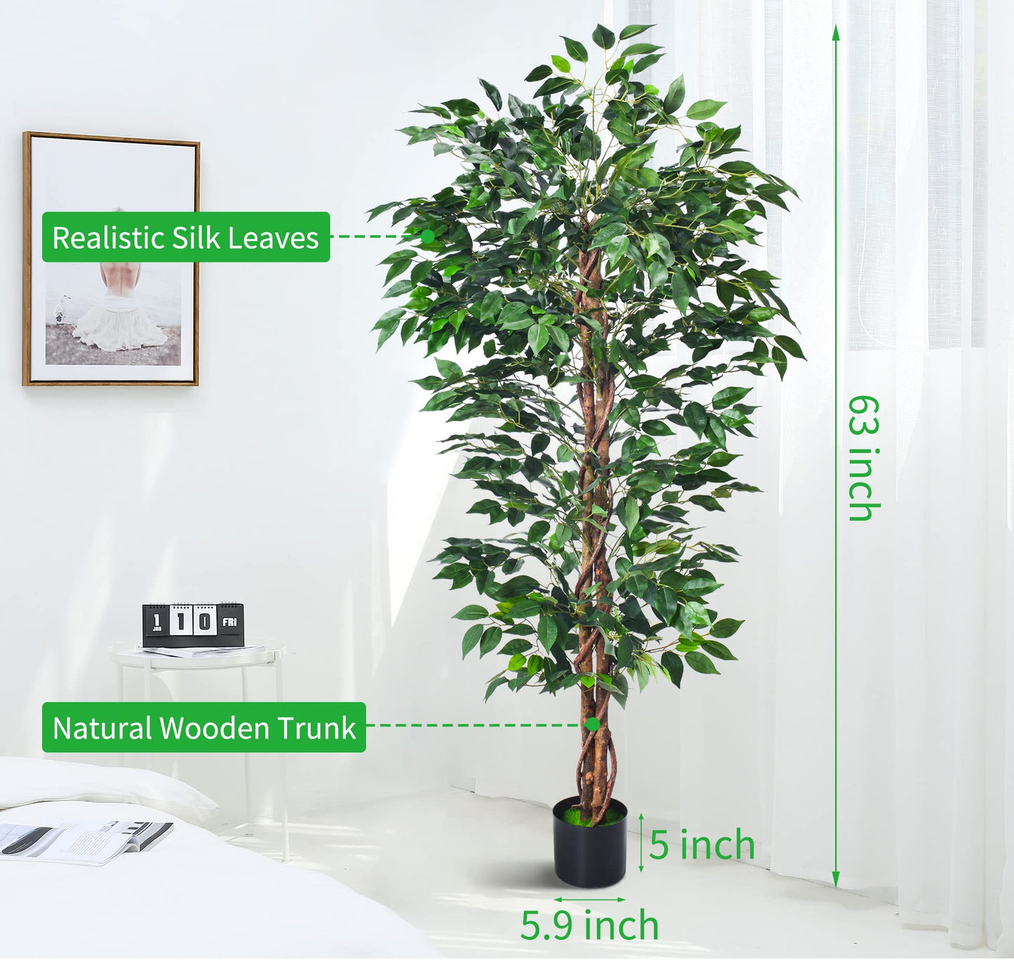 HAIHONG Artificial Ficus Tree 5FT Faux Silk Plants with Sturdy Plastic Nursery Pot,Fake Ficus Trees for Home Office Farmhouse Indoor Outdoor Decor Perfect Housewarming Gift (5FT-1Pack)