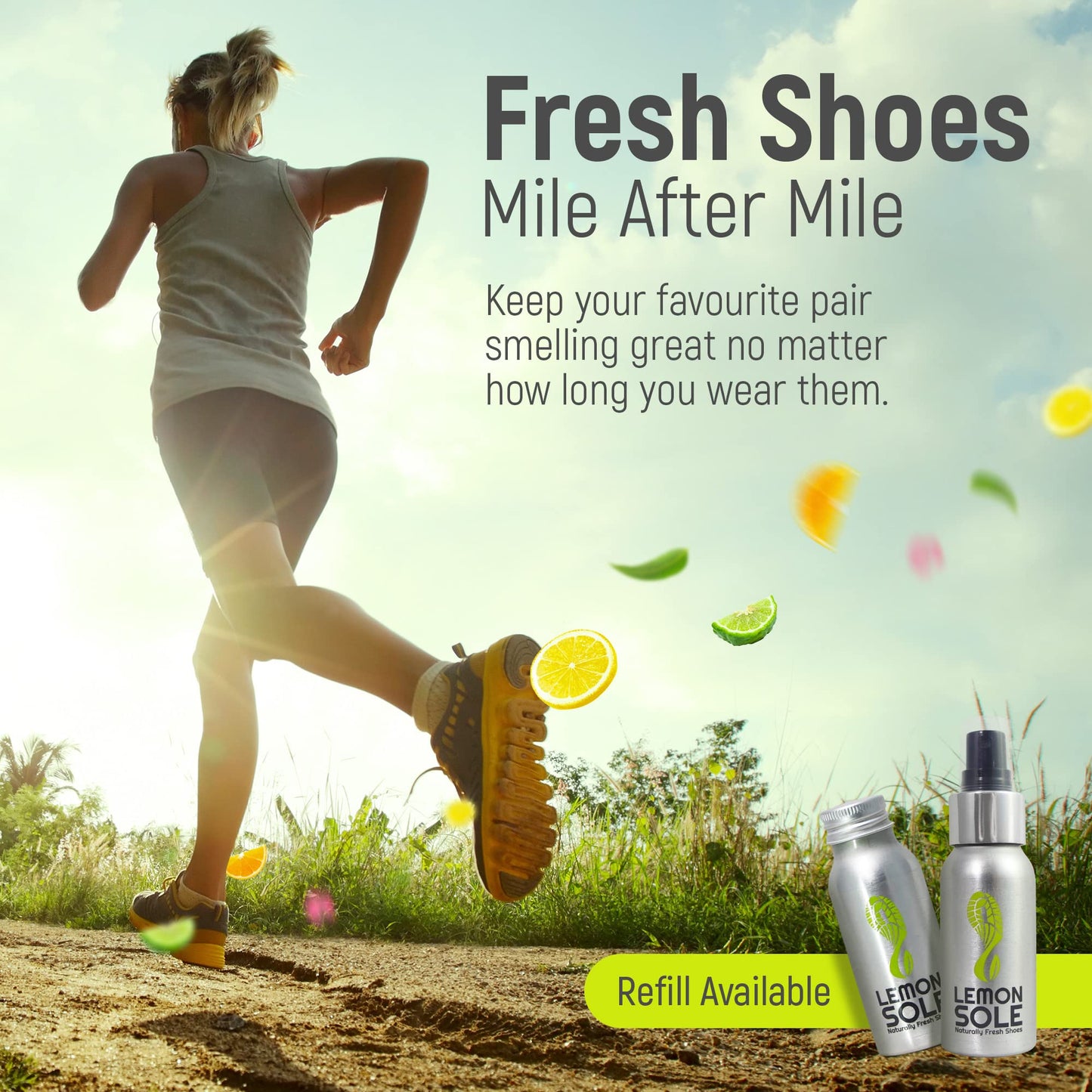 Lemon Sole Natural Shoe Freshener & Deodoriser with 6 Powerful Essential Oils for Long-Term Odour Control, Great for Sports, Fresh Lemon Scent. Lemon Fresh shoes every day.