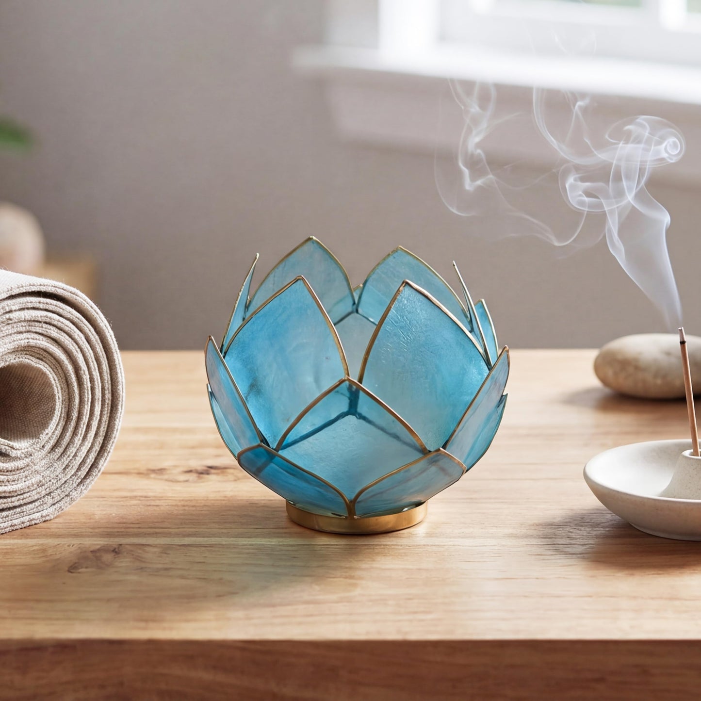 Blooming Lotus Capiz Shell Tealight Candle Holder, Handcrafted Decorative Tea Light Candleholder with Translucent Flower Petals for Ambient Illumination and Natural Elegance, Aquamarine