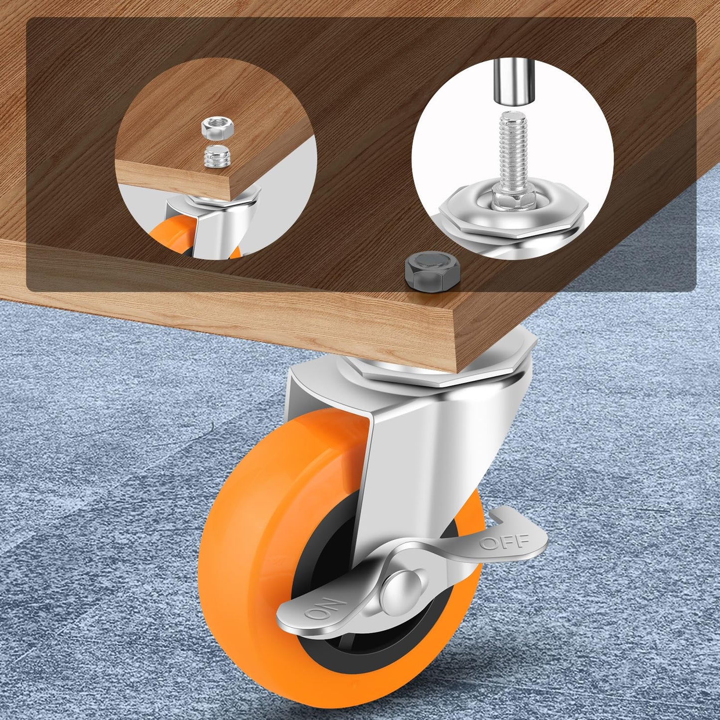 Caster Wheels, 3 Inch Casters Set of 4, Threaded Stem 3/8"-16 x 1 (Screw Diameter 3/8", Length 1") Polyurethane Locking Swivel Castors,Heavy Duty Caster with Brake Wheels for Furniture and Workbench