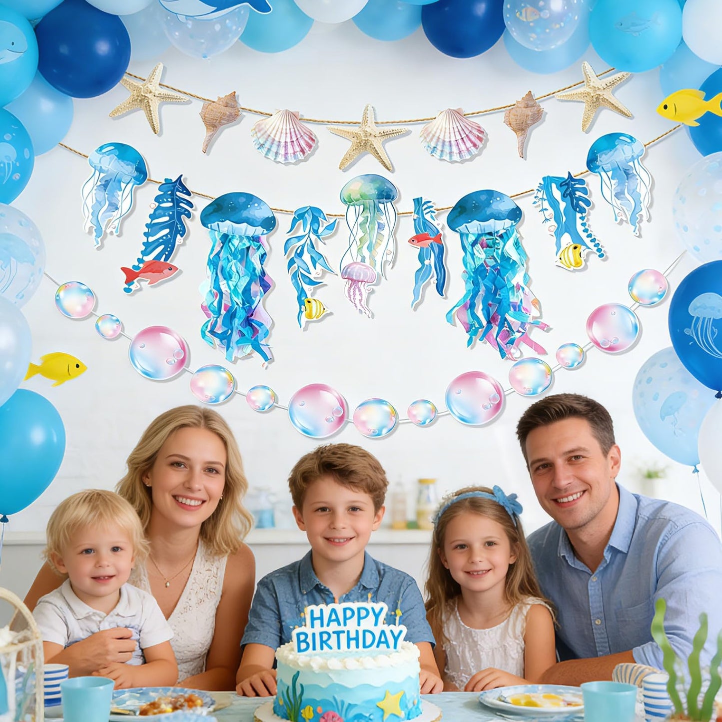 SUNBEAUTY Starfish Seashell Banner Under The Sea Party Decoration Jellyfish Hanging Garland 9.8ft Blue Bubble Garlands for Ocean Beach Theme Birthday Decor Mermaid Summer Party Decor