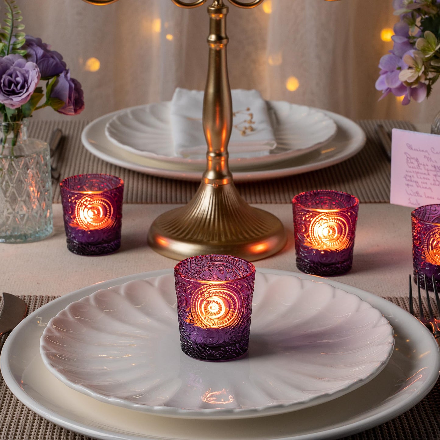 12 Pack Sun Moon Star Embossed Glass Tea Light Candle Holders - Votive Candle Holders for Wedding, Party, Home Decor, and Table Centerpieces (Amethyst Purple)
