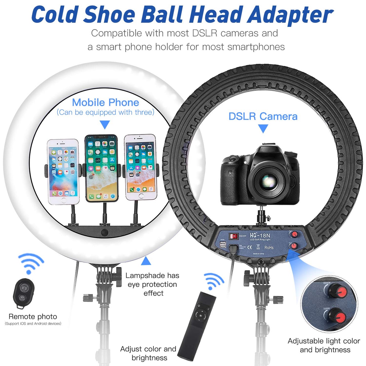 CXYP 18 inch LED Ring Light with Tripod Stand, 3200K-6000K Dimmable Selfie Ring Light with Phone Holder, Bluetooth Control, Carrying Bag for Smartphone, Makeup,Tiktok, YouTube, Vlog,Video