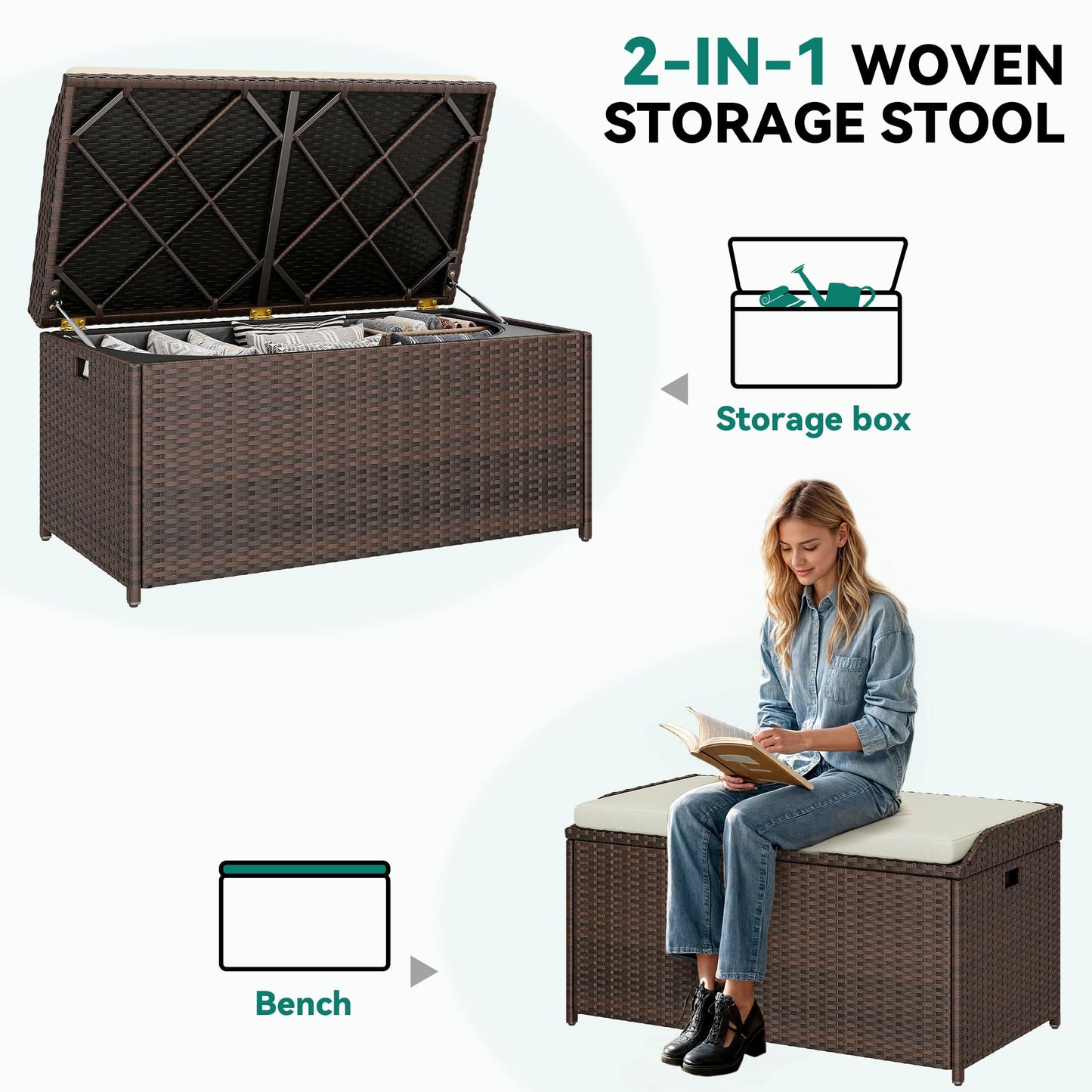 YITAHOME Outdoor Storage Bench, 70 Gallon PE Rattan Patio Storage Bench w/Handles and Soft Cushion,Outdoor Storage Box for Patio, Yard, Lawn, Garden
