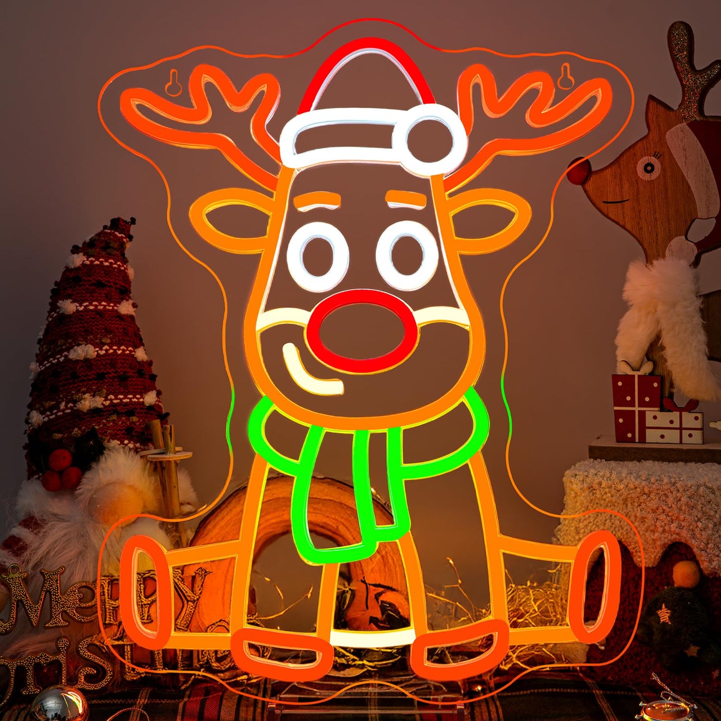 DREAMFORT Christmas Deer Neon Sign Festive LED Wall Decor for Holiday Home Decor, Christmas Party & Winter Festival, USB Powered Adjustable Brightness, Elegant Reindeer Design