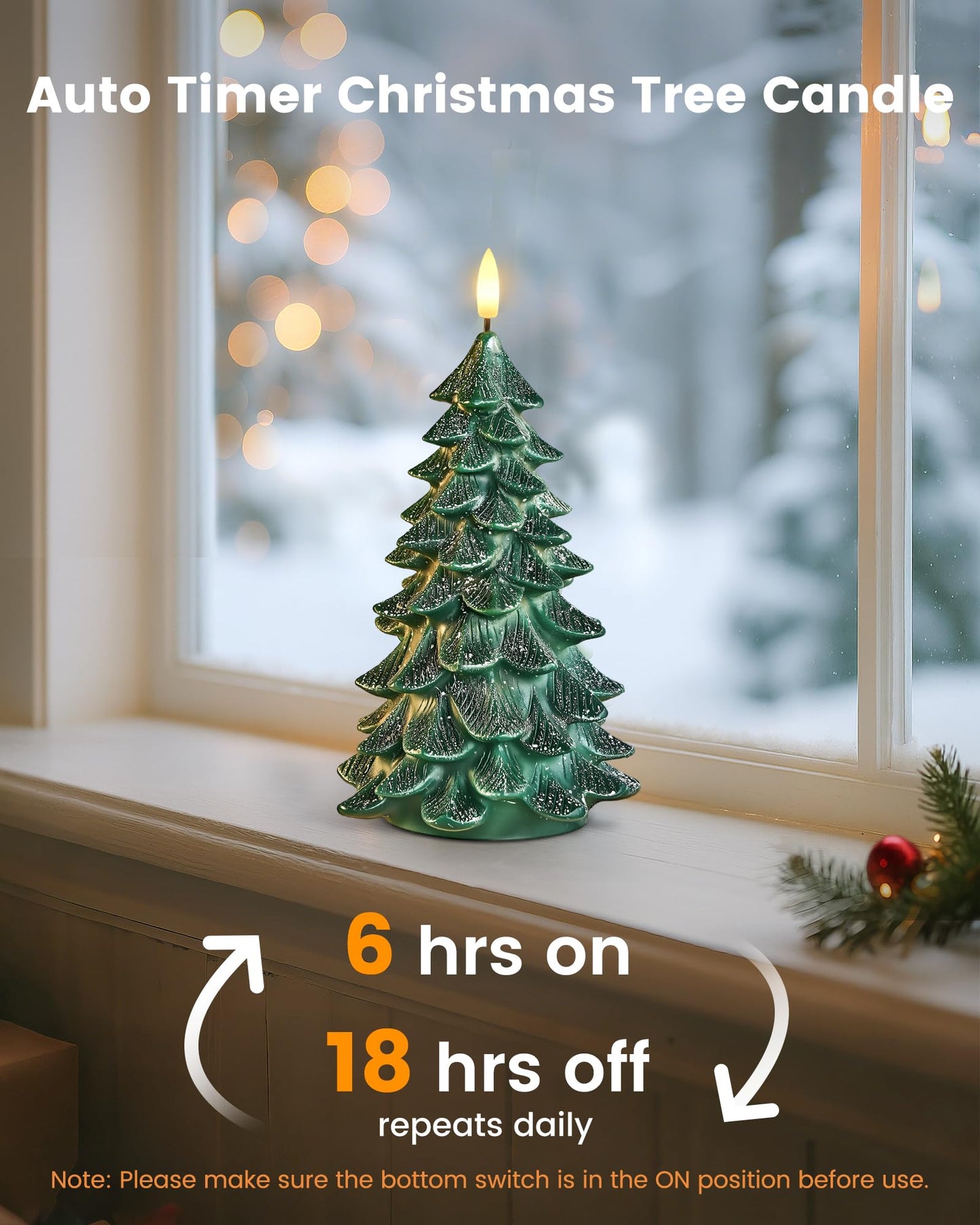 SURAIELEC Battery Operated Christmas Tree Candles, 6-Hour Timer Flameless Tree Candles, Real Wax Finish, Flickering LED Candle, 9'' Christmas Candlesticks for Window, Mantel, Dining Table, 2-Pack