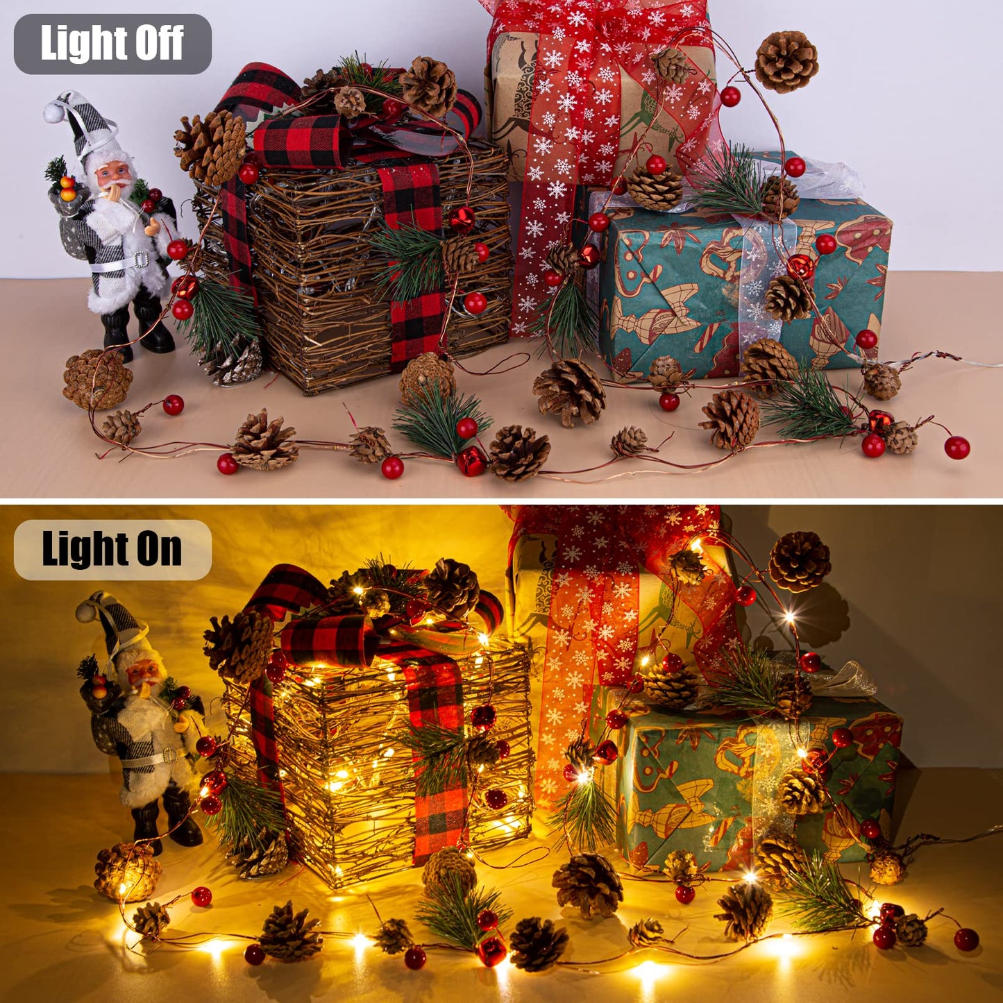 2 Pack Christmas Garland, 6.56 Ft LED String Light with Pine Cones, Red Berries, Bells for Xmas Decor Mantle Fireplace Christmas Holiday Party Thanksgiving Decoration, 20 LED Lights, Battery Operated