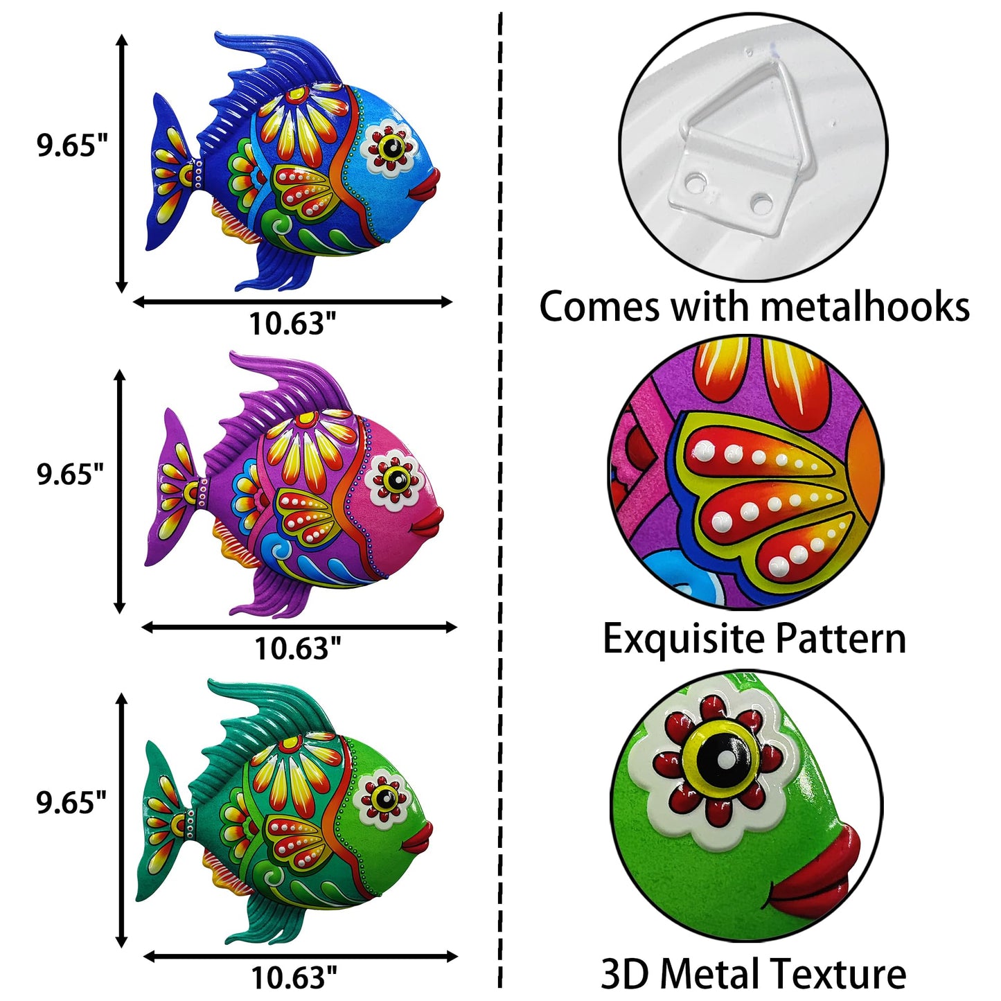 John's Studio Metal Fish Sea Wall Decor Outdoor Garden Hanging Art Sculptures Home Ocean Theme Decorations for Kitchen Bathroom and Pool - 3 PCS