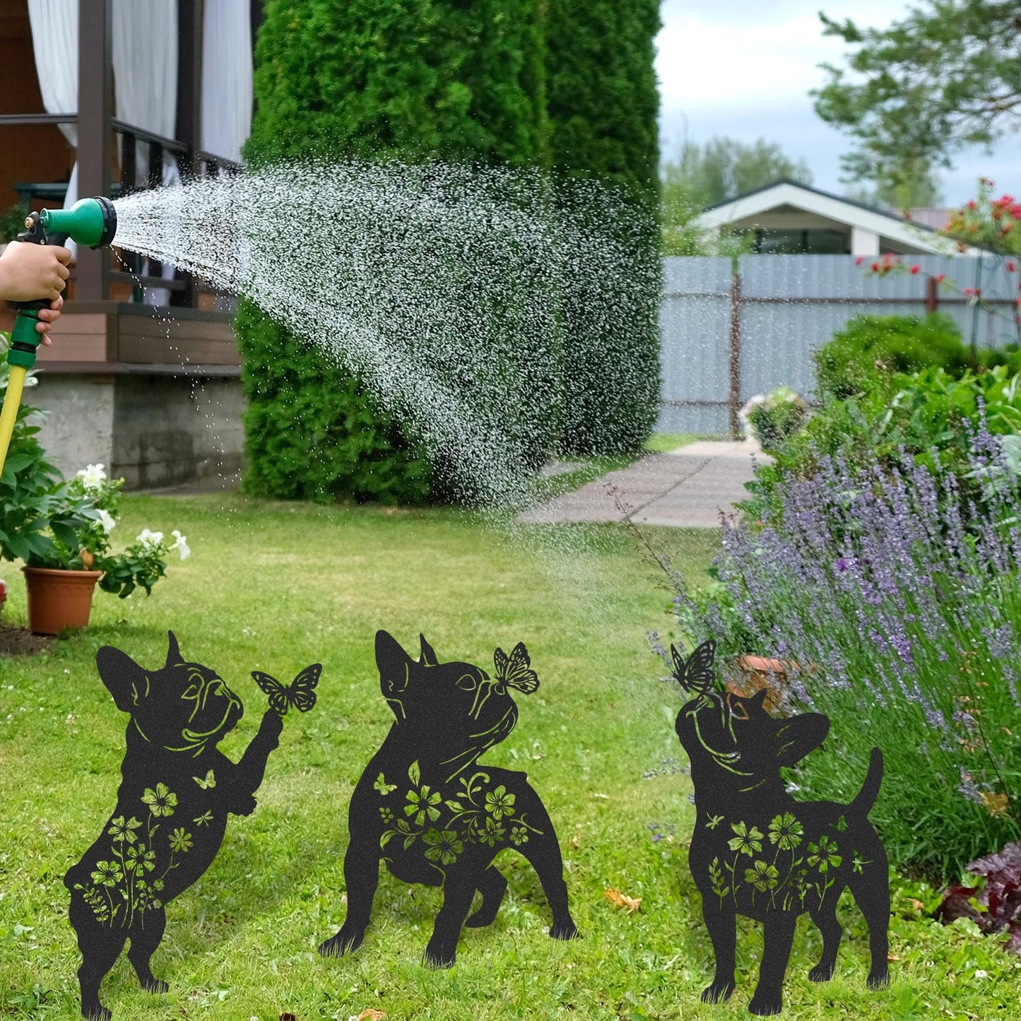 LIRAVENO French Bulldog Gifts Decor - 3 Pcs Metal Garden Stakes Outdoor Animal Statue Decorations Patio Lawn Pathway Yard Art Ornaments Butterfly Flower Silhouette Christmas Birthday for Dog Lover