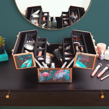 Beautify Make Up Vanity Case, Travel Jungle Print 3 Tier Makeup Box w/Extendable Trays, Spacious Storage & Removable Dividers to Create Compartments, Lockable Makeup Vanity Case for Professionals