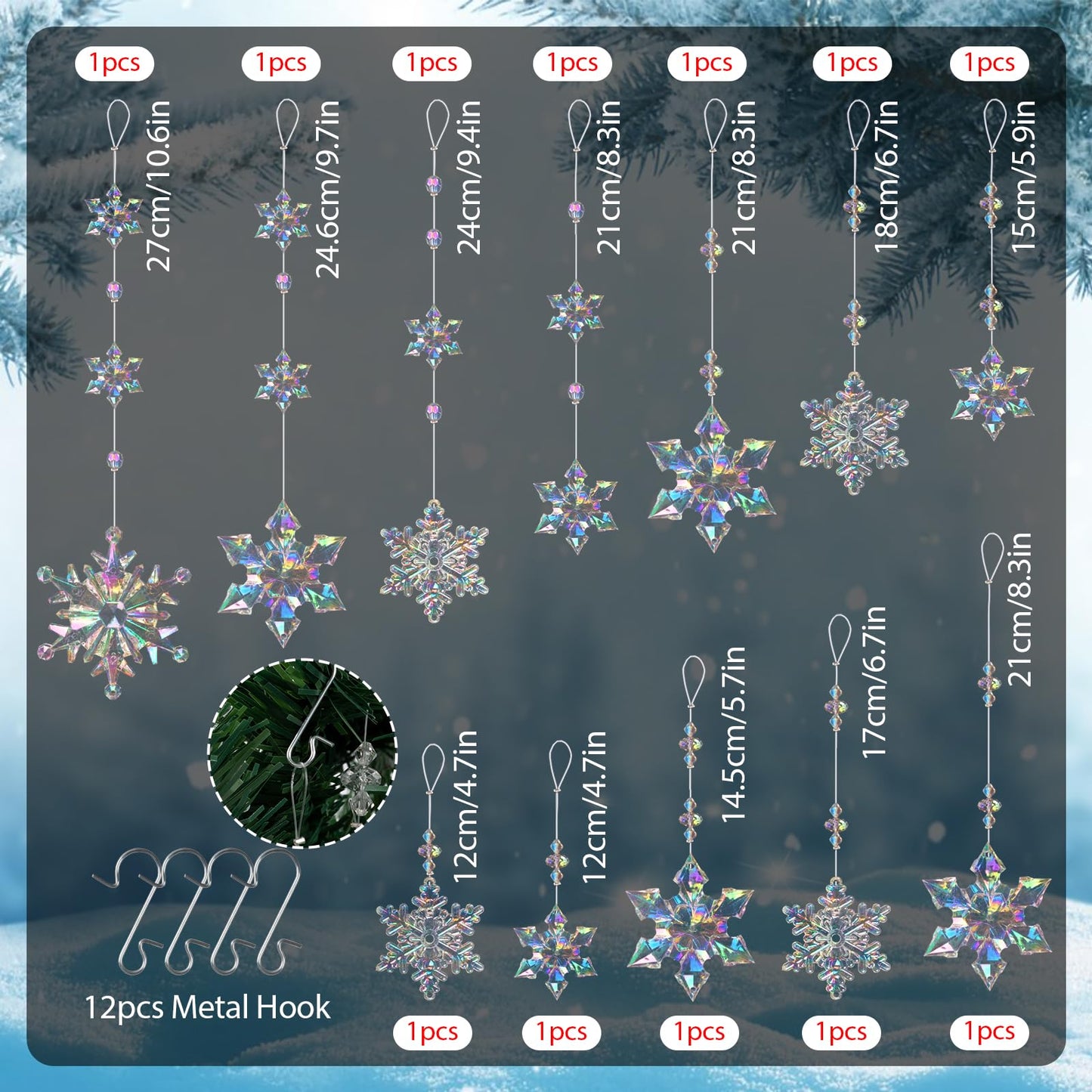 OuMuaMua 12pcs Christmas Crystal Snowflake Ornaments for Christmas Tree Decorations- Iridescent Hanging Acrylic Snowflake Ornaments for Xmas Tree Winter Wonderland Party Decor