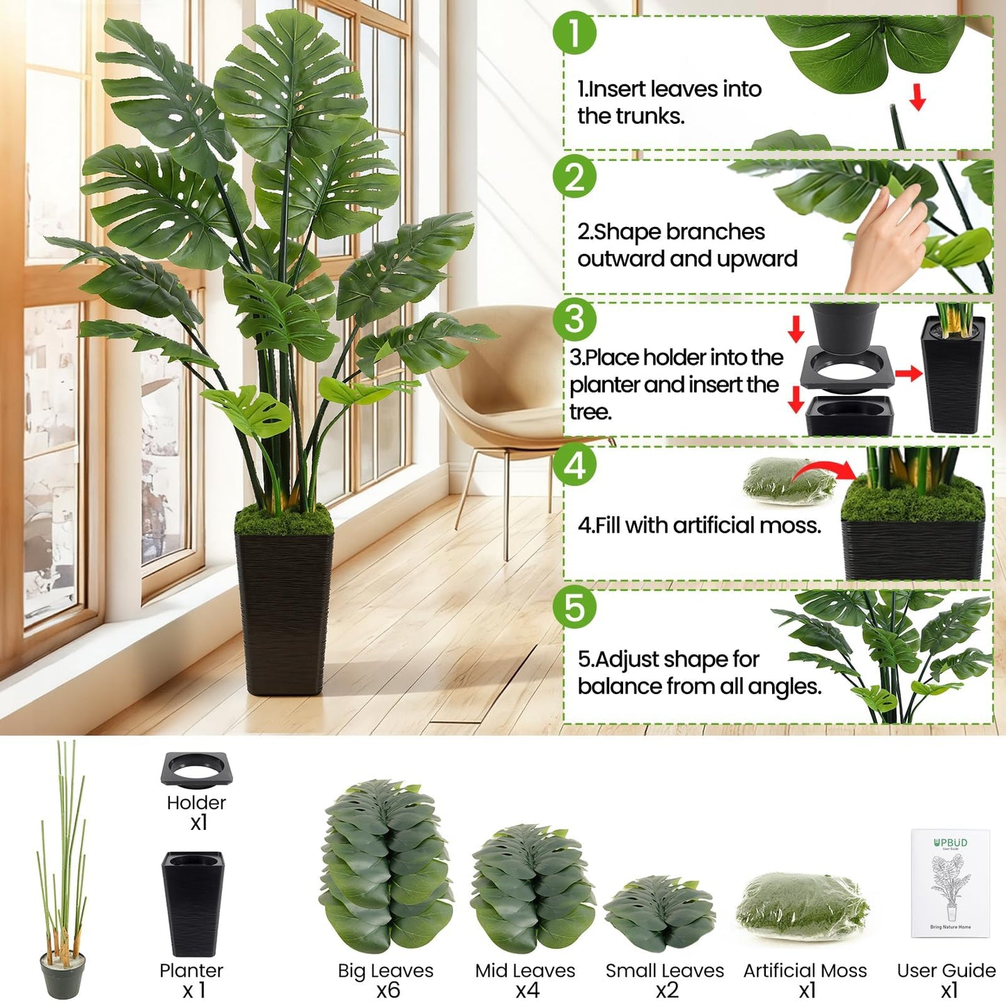 UPBUD Artificial Monstera Deliciosa Plant, 5FT Fake Monstera Tree with 12 Lifelike Leaves & Black Pot, 60in Tall Faux Floor Trees Fake Plants for Indoor Office Porch Living Room Windowsill Decor