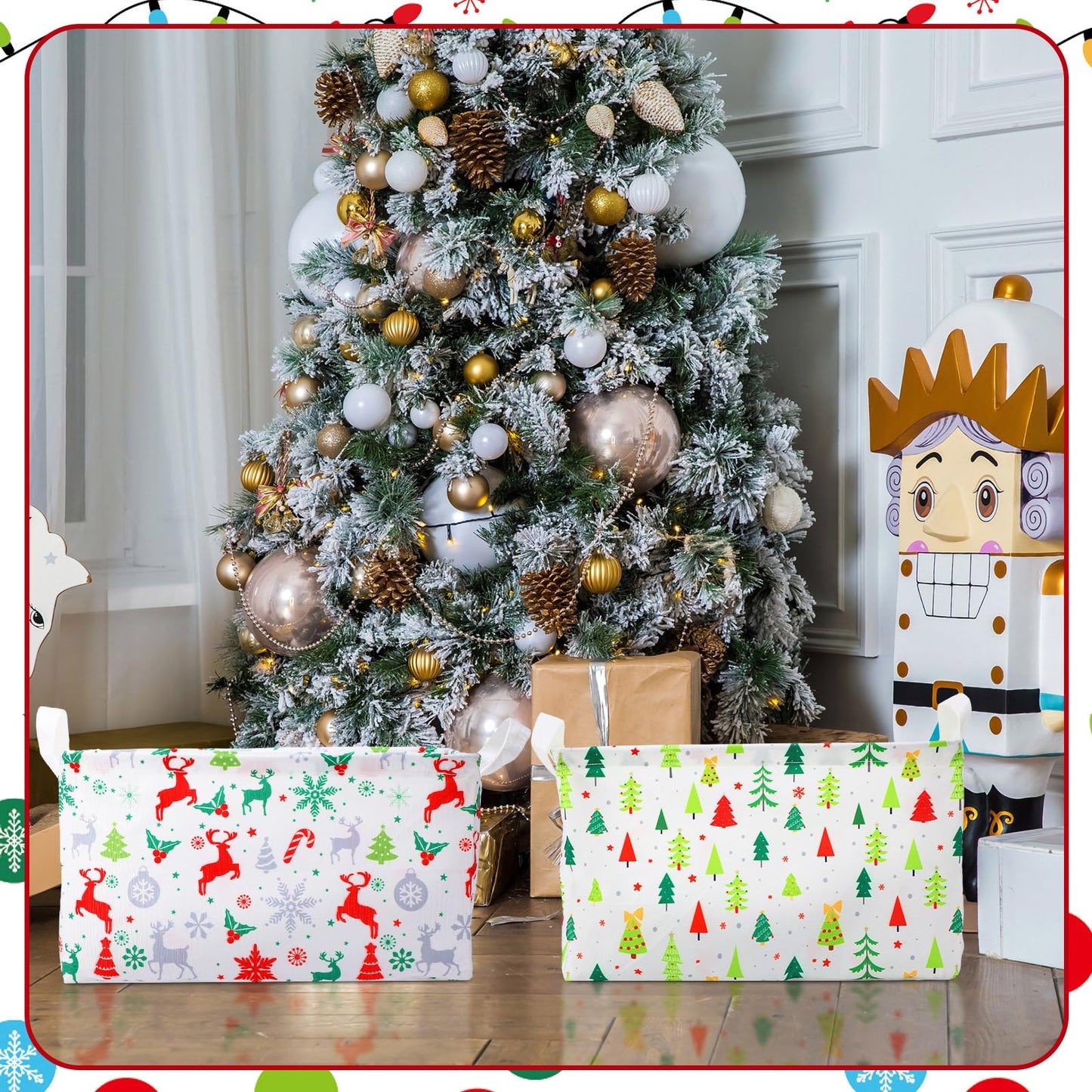 Maxcheck 6 Pcs Large Christmas Basket for Gifts Empty Foldable Xmas Gift Basket Rectangle Christmas Fabric Present Storage Boxes Bin Fabric Cubes Containers Boxes with Handles for Present Cloth Toy
