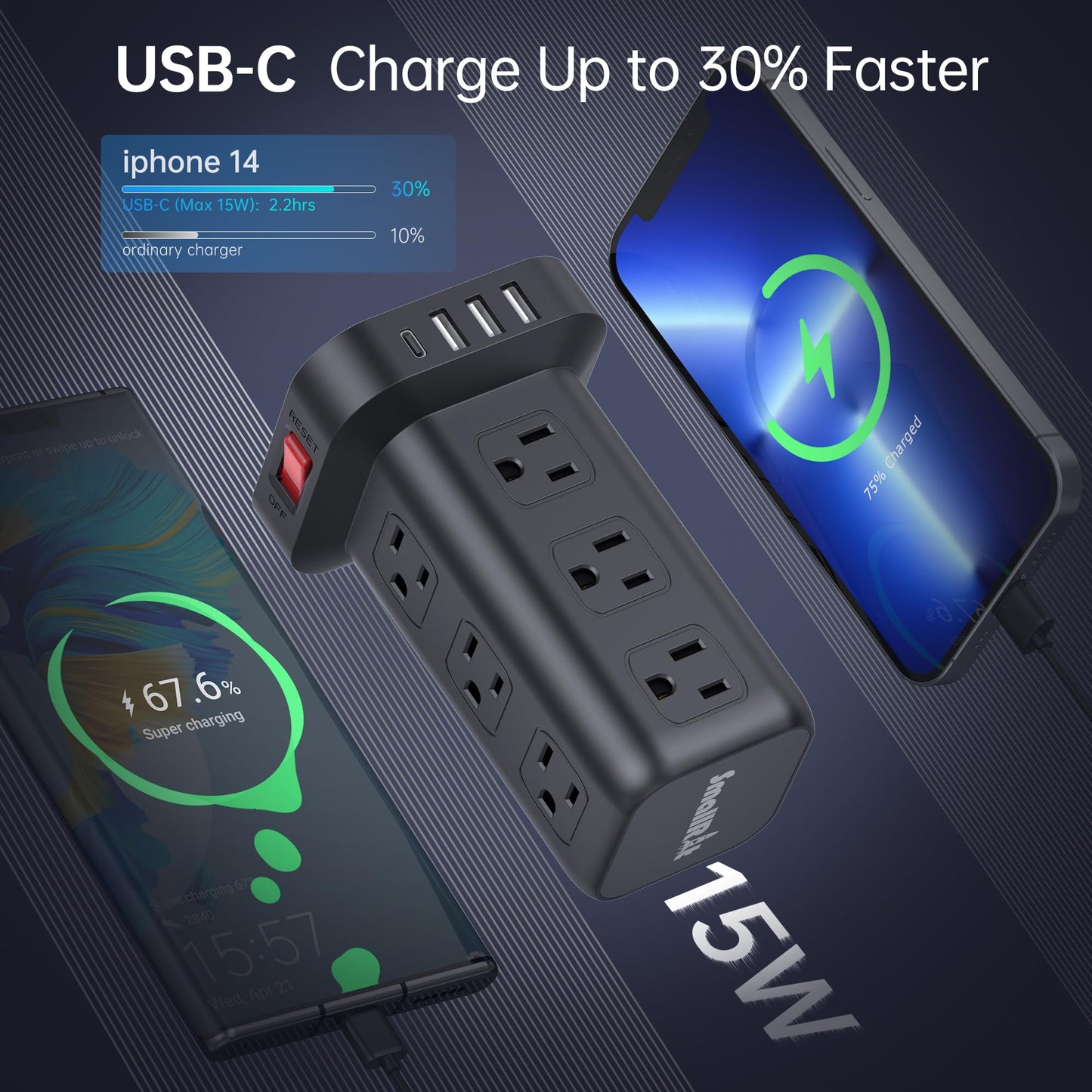 Extension Cord with Multiple Outlets, Surge Protector Power Strip Tower, 12 AC 4 USB，Surge Protector Tower 6.5FT Overload Protection for Home Office