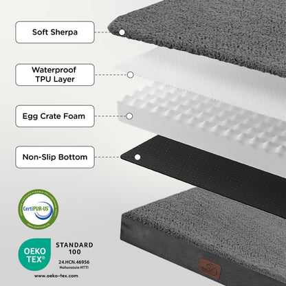 Bedsure Large Dog Bed Washable - Orthopedic Dog Bed and Mattress Mat for Dog Crate with Removable Plush Sherpa Cover, Gifts for Dog, Grey, 91x69x7.6cm