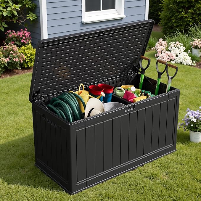 Devoko 160 Gallon Double-Wall Deck Box with Divider, Side Handles, HDPE Outdoor Large Storage Box Waterproof and Lockable for Patio Furniture, Garden, Pool (Black, 160 Gallon)