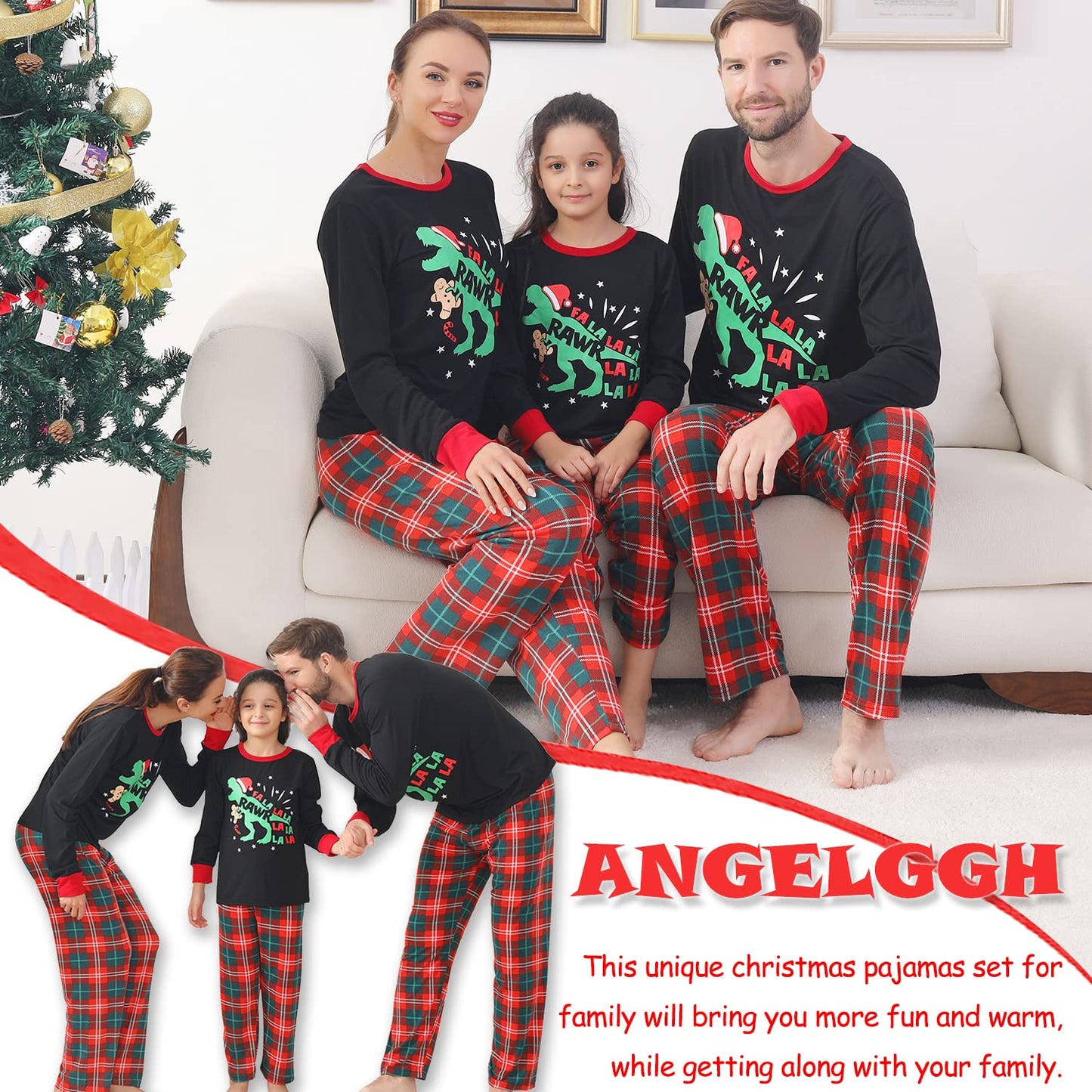 ANGELGGH Matching Christmas Pajamas for Family, Cute Vacation PJs Sets for Couples/Women/Men, Xmas 2 Piece Jammies Sleepwear (Youth, 2-3T, Black Dinosaur)