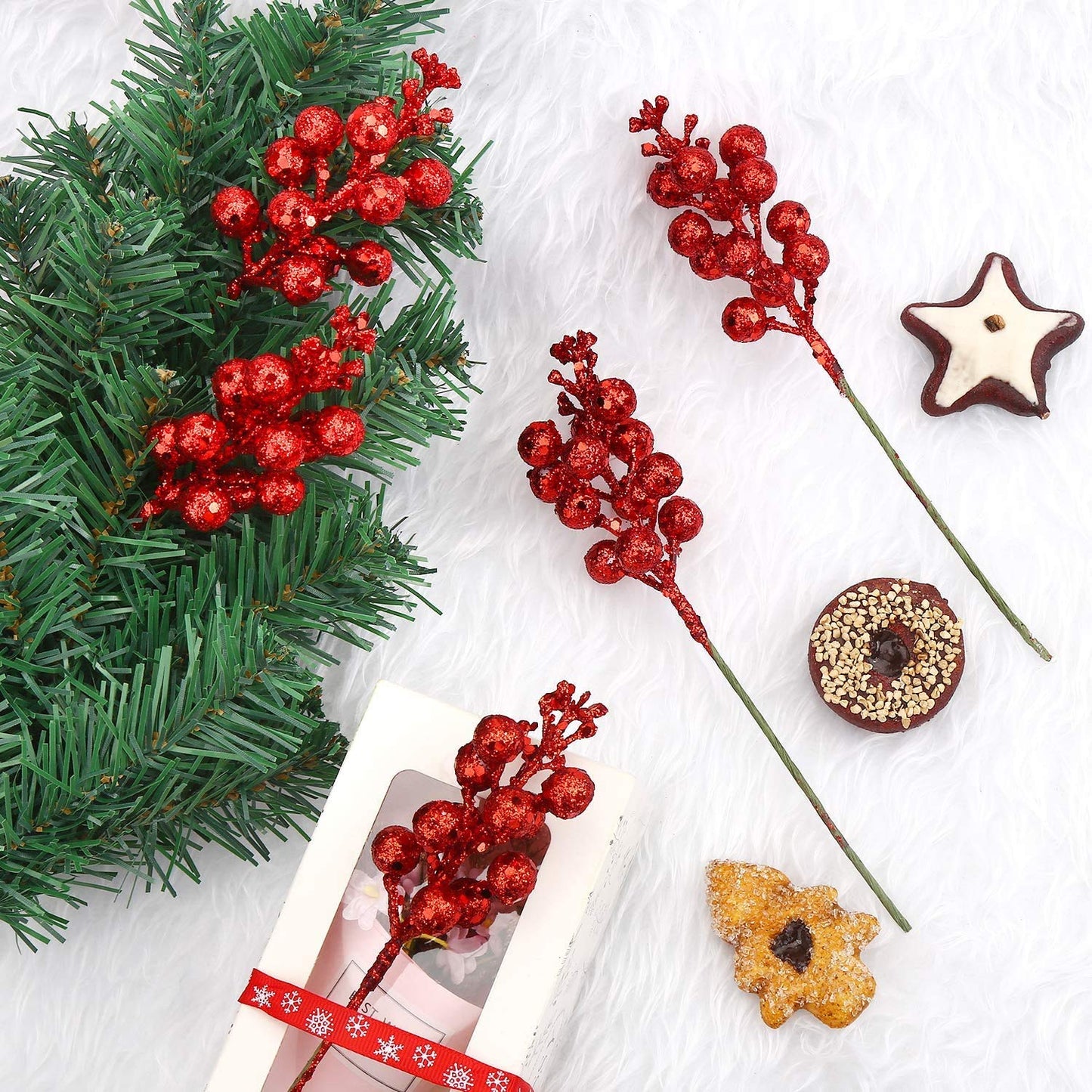 Kubert 15 Pack Christmas Glitter Berries Stems, 8 Inch Artificial Christmas Picks for Christmas Tree Ornaments, DIY Xmas Wreath, Crafts, Holiday and Home Decor (Purple)
