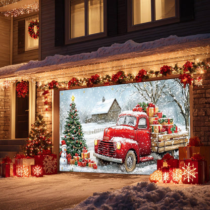 HOMETITUTE Christmas Garage Door Banner 13x6ft Red Truck Christmas Tree Snowman Barn Theme Backdrop Banners for Outside Inside Winter Door Cover Garage Wall Covering for Party Garage Decorations