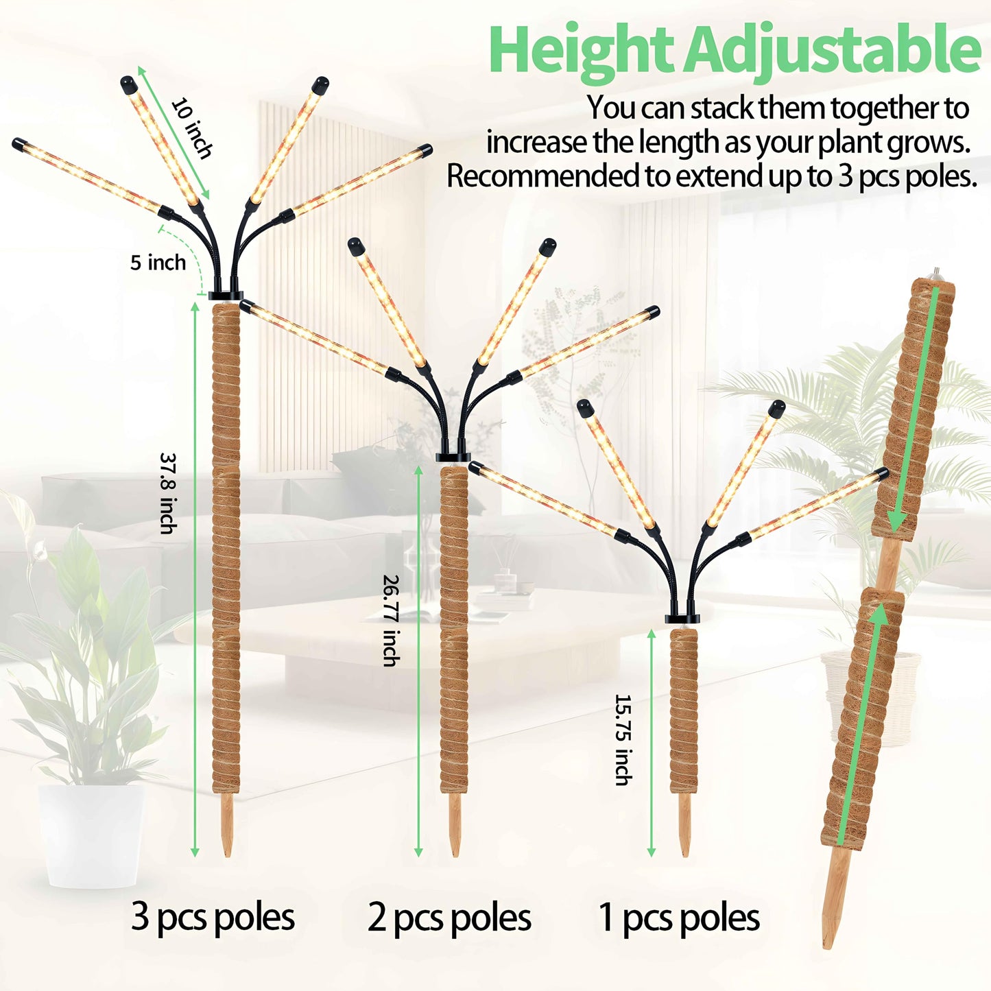 Grow Lights with Moss Pole for Indoor Plants, Full Spectrum LED Plant Light with Auto 3/9/12H Timer, Adjustable Height 15-54", Plant Lights Coco Coir Pole for Monstera, Philodendron, Climbing Plants