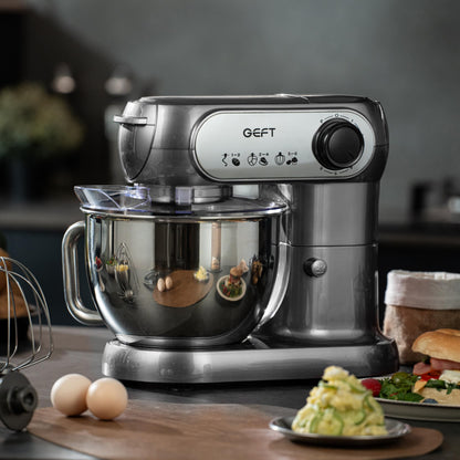 GEFT Stand Mixer, 3.5QT+6QT Two Bowls Kitchen Electric Mixer, 600W 6+P speed Tilt-Head Food Mixer with Stainless Steel Bowl, Dishwasher-Safe Dough Hook, Flat Beater, Wire Whisk, Splash Guard, Grey
